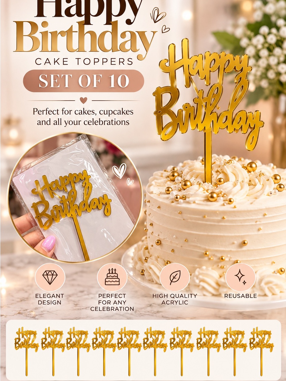Gold "Happy Birthday" Cake Topper - Set of 10